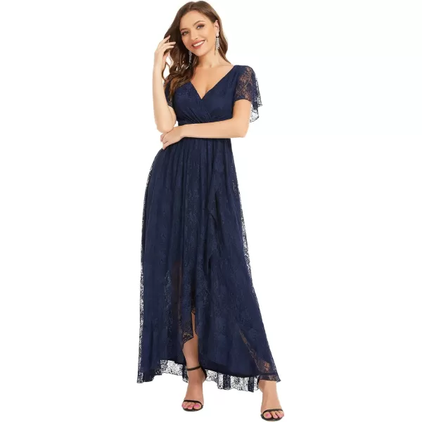 imageEverPretty Womens Lace V Neck Ruffles Sleeves Pleated Empire Waist ALine Maxi Formal Dresses 01489Navy Blue