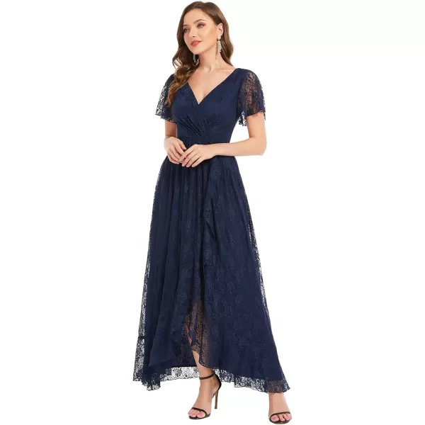 imageEverPretty Womens Lace V Neck Ruffles Sleeves Pleated Empire Waist ALine Maxi Formal Dresses 01489Navy Blue