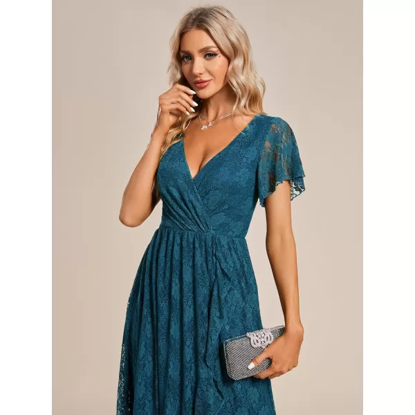 imageEverPretty Womens Lace V Neck Ruffles Sleeves Pleated Empire Waist ALine Maxi Formal Dresses 01489Teal