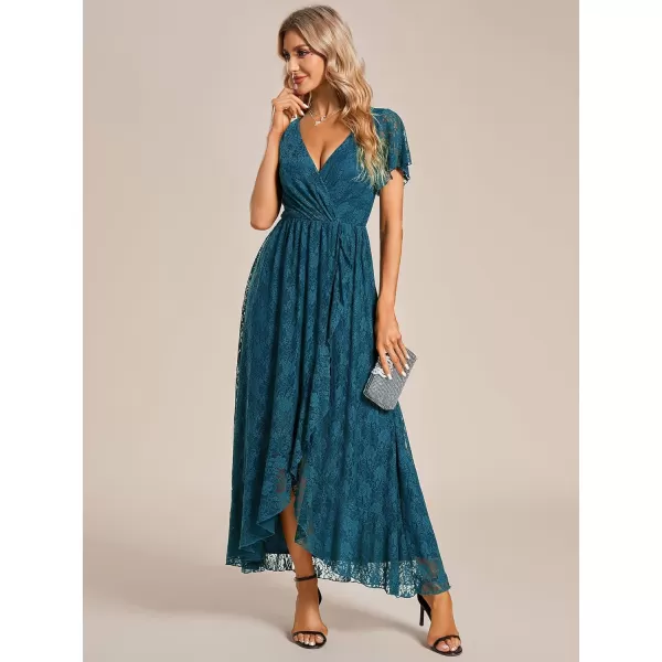 imageEverPretty Womens Lace V Neck Ruffles Sleeves Pleated Empire Waist ALine Maxi Formal Dresses 01489Teal