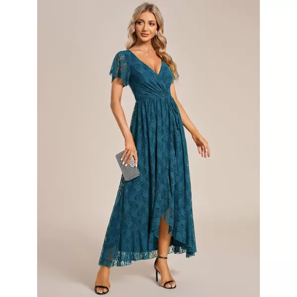 imageEverPretty Womens Lace V Neck Ruffles Sleeves Pleated Empire Waist ALine Maxi Formal Dresses 01489Teal