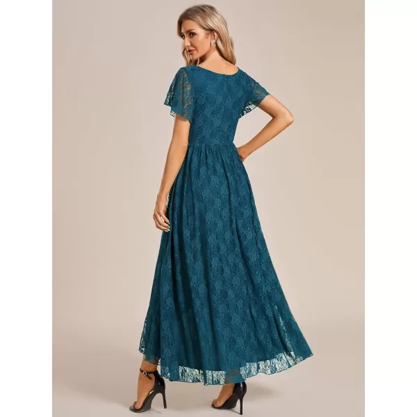 imageEverPretty Womens Lace V Neck Ruffles Sleeves Pleated Empire Waist ALine Maxi Formal Dresses 01489Teal