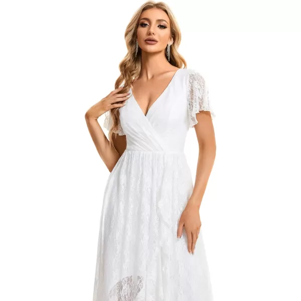 imageEverPretty Womens Lace V Neck Ruffles Sleeves Pleated Empire Waist ALine Maxi Formal Dresses 01489White