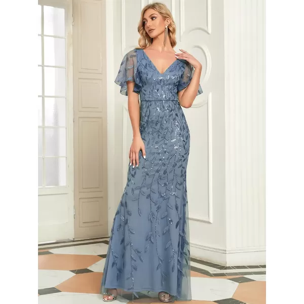 imageEverPretty Womens Ruffles Sleeves Sequin Embroidery Evening Mother of The Bride Dress 00692Dusty Navy