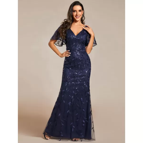 imageEverPretty Womens Ruffles Sleeves Sequin Embroidery Evening Mother of The Bride Dress 00692Navy Blue