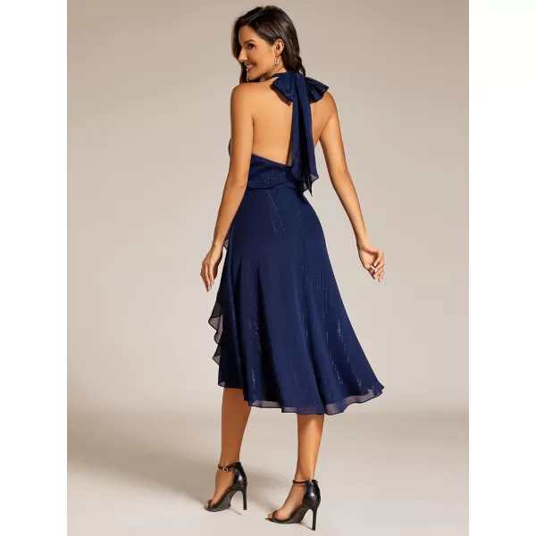 imageEverPretty Womens V Neck Cocktail Dress Pleated Glitter Backless Midi Length Formal Dresses 51977Navy Blue