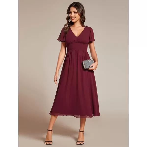 imageEverPretty Womens V Neck Elegant Party Dress Short Sleeve Pleated Formal Dresses for Wedding Guest Dresses 02155Burgundy