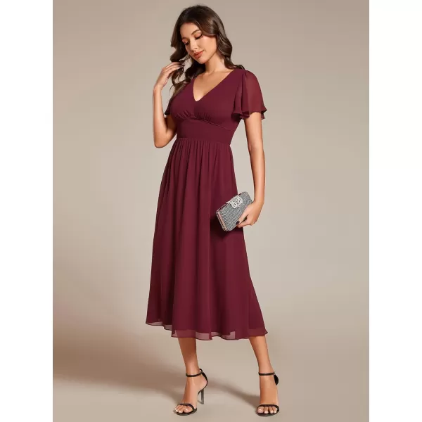 imageEverPretty Womens V Neck Elegant Party Dress Short Sleeve Pleated Formal Dresses for Wedding Guest Dresses 02155Burgundy