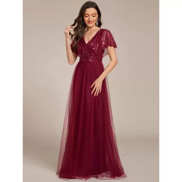 imageEverPretty Womens V Neck Evening Dresses Ruffles Sleeves Sequin Empire Waist ALine Maxi Formal Dresses 02223Burgundy