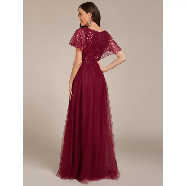 imageEverPretty Womens V Neck Evening Dresses Ruffles Sleeves Sequin Empire Waist ALine Maxi Formal Dresses 02223Burgundy