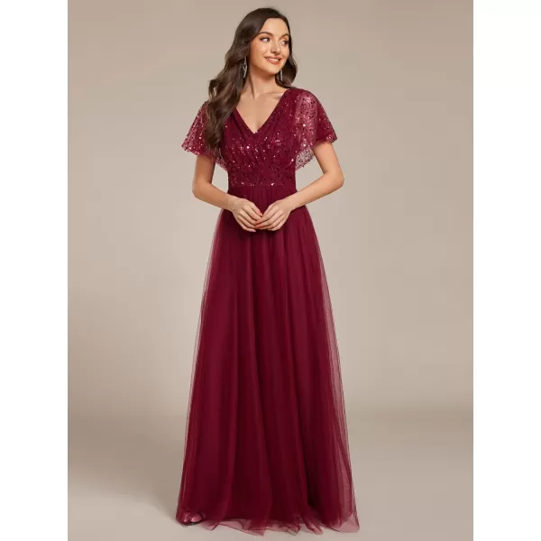 imageEverPretty Womens V Neck Evening Dresses Ruffles Sleeves Sequin Empire Waist ALine Maxi Formal Dresses 02223Burgundy