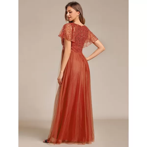 imageEverPretty Womens V Neck Evening Dresses Ruffles Sleeves Sequin Empire Waist ALine Maxi Formal Dresses 02223Burnt Orange