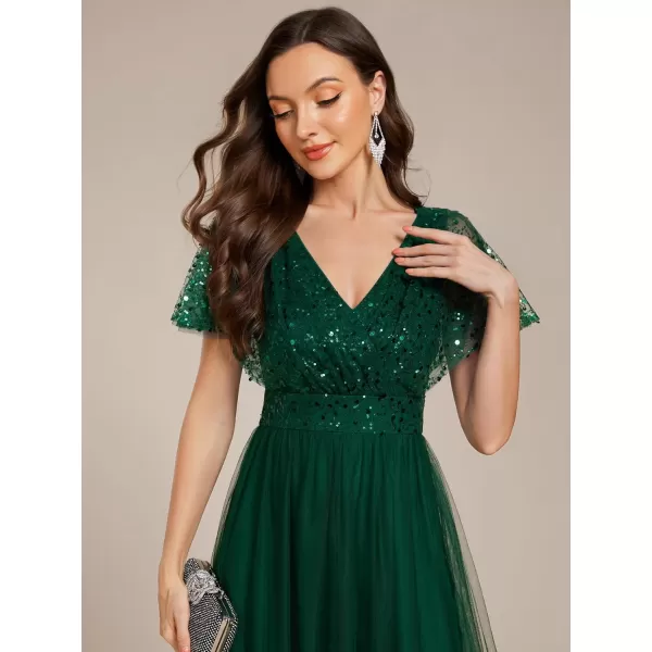 imageEverPretty Womens V Neck Evening Dresses Ruffles Sleeves Sequin Empire Waist ALine Maxi Formal Dresses 02223Deep Green