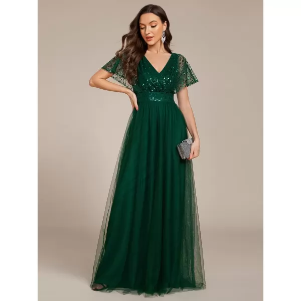 imageEverPretty Womens V Neck Evening Dresses Ruffles Sleeves Sequin Empire Waist ALine Maxi Formal Dresses 02223Deep Green