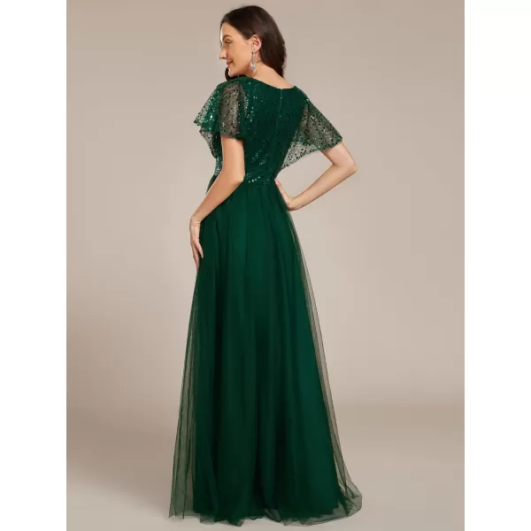 imageEverPretty Womens V Neck Evening Dresses Ruffles Sleeves Sequin Empire Waist ALine Maxi Formal Dresses 02223Deep Green