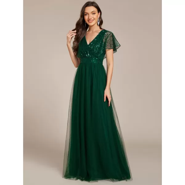 imageEverPretty Womens V Neck Evening Dresses Ruffles Sleeves Sequin Empire Waist ALine Maxi Formal Dresses 02223Deep Green