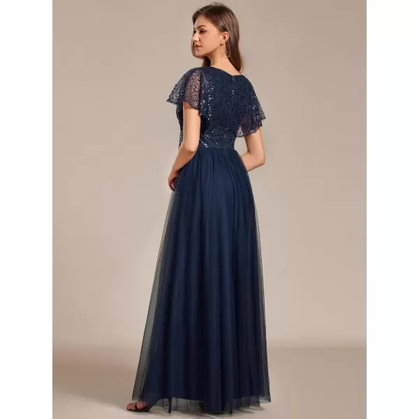 imageEverPretty Womens V Neck Evening Dresses Ruffles Sleeves Sequin Empire Waist ALine Maxi Formal Dresses 02223Navy Blue