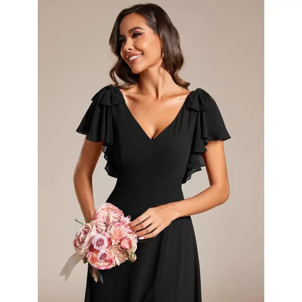 imageEverPretty Womens V Neck High Waist Bridesmaid Dress Ruffle Sleeves Slit A Line Maxi Semi Formal Dresses 02080Black