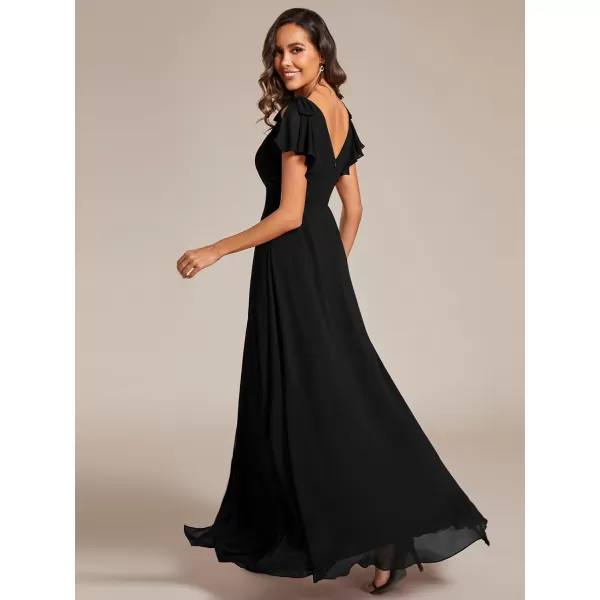 imageEverPretty Womens V Neck High Waist Bridesmaid Dress Ruffle Sleeves Slit A Line Maxi Semi Formal Dresses 02080Black