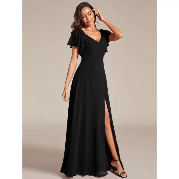 imageEverPretty Womens V Neck High Waist Bridesmaid Dress Ruffle Sleeves Slit A Line Maxi Semi Formal Dresses 02080Black