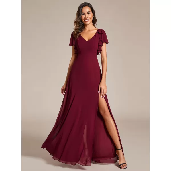 imageEverPretty Womens V Neck High Waist Bridesmaid Dress Ruffle Sleeves Slit A Line Maxi Semi Formal Dresses 02080Burgundy