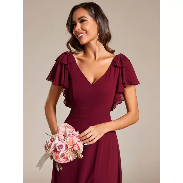 imageEverPretty Womens V Neck High Waist Bridesmaid Dress Ruffle Sleeves Slit A Line Maxi Semi Formal Dresses 02080Burgundy