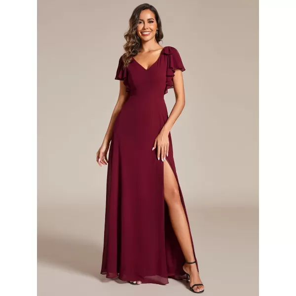 imageEverPretty Womens V Neck High Waist Bridesmaid Dress Ruffle Sleeves Slit A Line Maxi Semi Formal Dresses 02080Burgundy