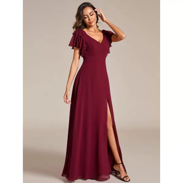 imageEverPretty Womens V Neck High Waist Bridesmaid Dress Ruffle Sleeves Slit A Line Maxi Semi Formal Dresses 02080Burgundy