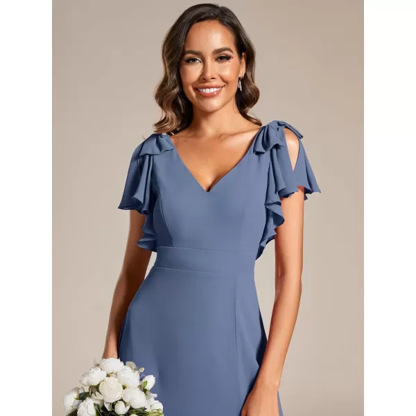 imageEverPretty Womens V Neck High Waist Bridesmaid Dress Ruffle Sleeves Slit A Line Maxi Semi Formal Dresses 02080Dusty Navy