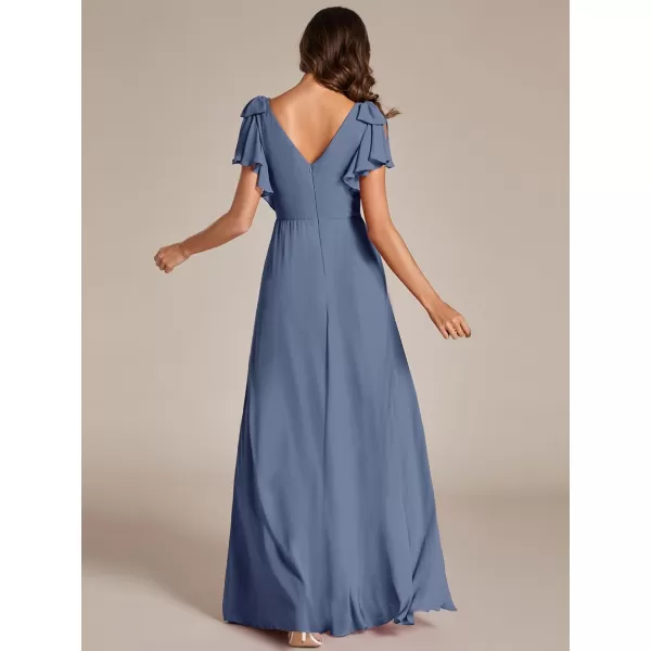 imageEverPretty Womens V Neck High Waist Bridesmaid Dress Ruffle Sleeves Slit A Line Maxi Semi Formal Dresses 02080Dusty Navy