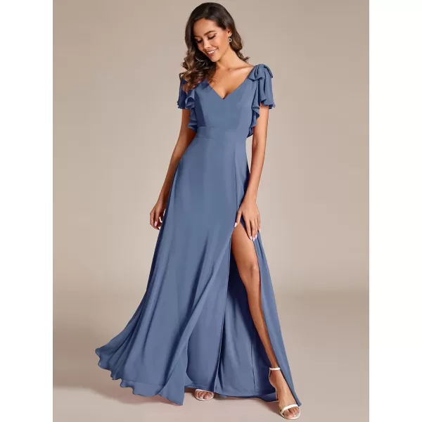 imageEverPretty Womens V Neck High Waist Bridesmaid Dress Ruffle Sleeves Slit A Line Maxi Semi Formal Dresses 02080Dusty Navy