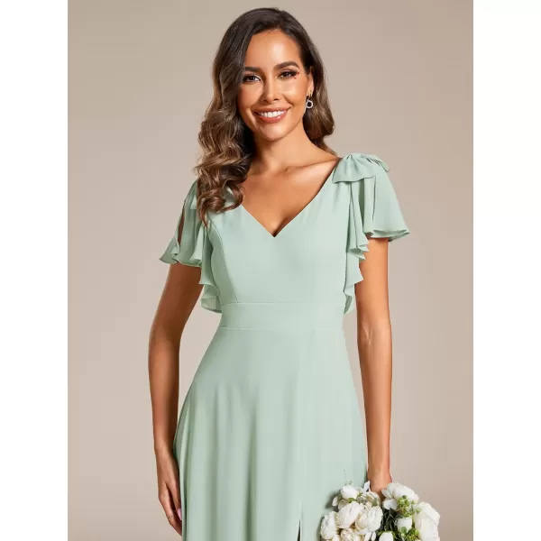 imageEverPretty Womens V Neck High Waist Bridesmaid Dress Ruffle Sleeves Slit A Line Maxi Semi Formal Dresses 02080Mint Green