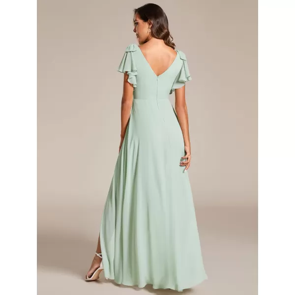 imageEverPretty Womens V Neck High Waist Bridesmaid Dress Ruffle Sleeves Slit A Line Maxi Semi Formal Dresses 02080Mint Green