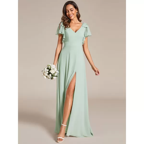 imageEverPretty Womens V Neck High Waist Bridesmaid Dress Ruffle Sleeves Slit A Line Maxi Semi Formal Dresses 02080Mint Green