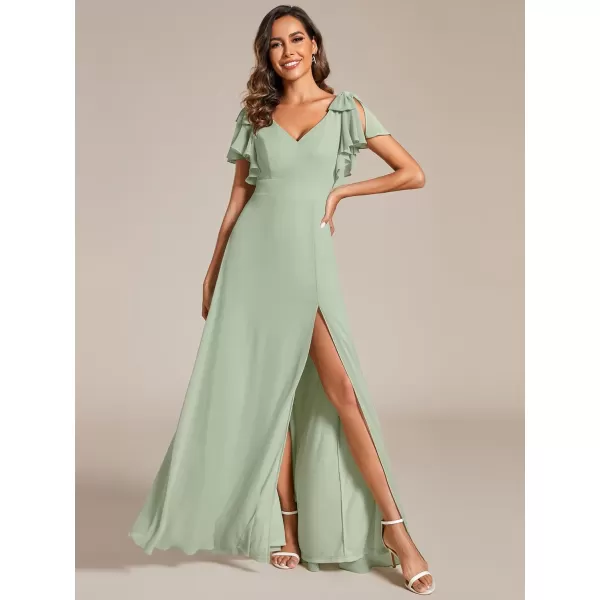 imageEverPretty Womens V Neck High Waist Bridesmaid Dress Ruffle Sleeves Slit A Line Maxi Semi Formal Dresses 02080Mint Green