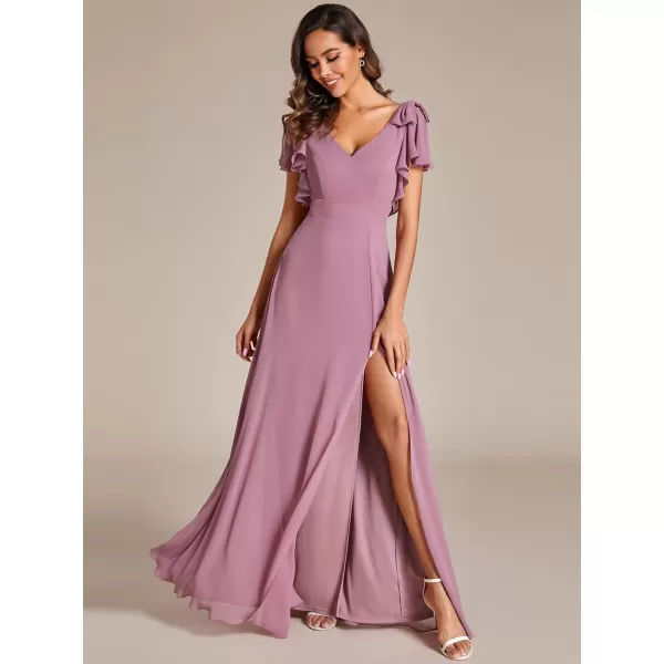 imageEverPretty Womens V Neck High Waist Bridesmaid Dress Ruffle Sleeves Slit A Line Maxi Semi Formal Dresses 02080Orchid