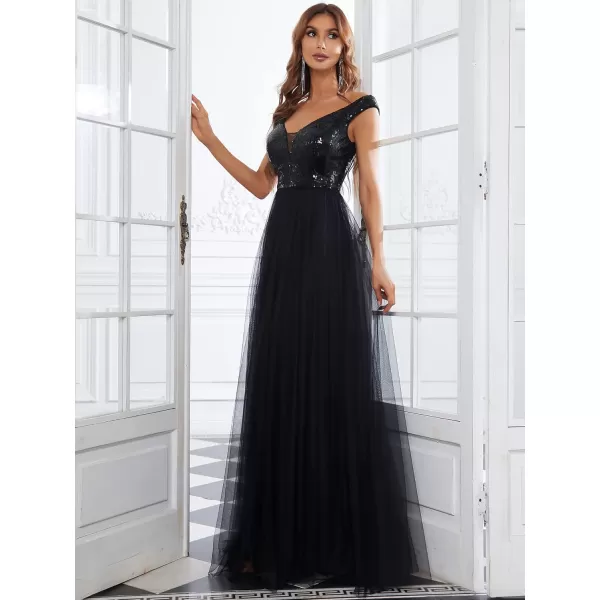 imageEverPretty Womens V Neck Sequin Tulle A Line Evening Formal Dress 0277Black