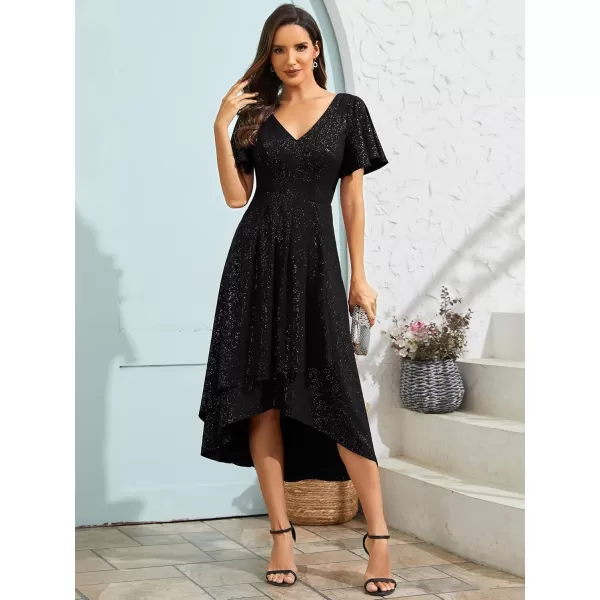 imageEverPretty Womens Wedding Guest Dress Double V Neck Ruffle Sleeves High Low Glitter Midi Semi Formal Dresses 71926Black