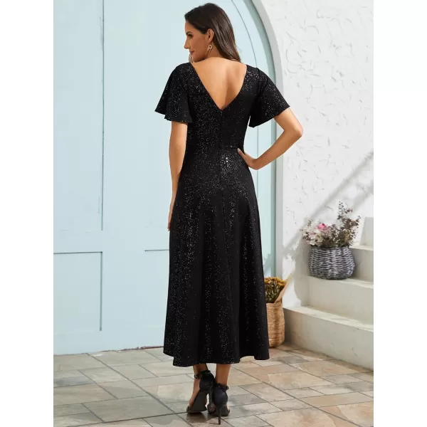 imageEverPretty Womens Wedding Guest Dress Double V Neck Ruffle Sleeves High Low Glitter Midi Semi Formal Dresses 71926Black