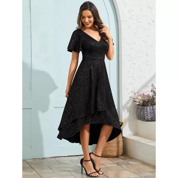 imageEverPretty Womens Wedding Guest Dress Double V Neck Ruffle Sleeves High Low Glitter Midi Semi Formal Dresses 71926Black