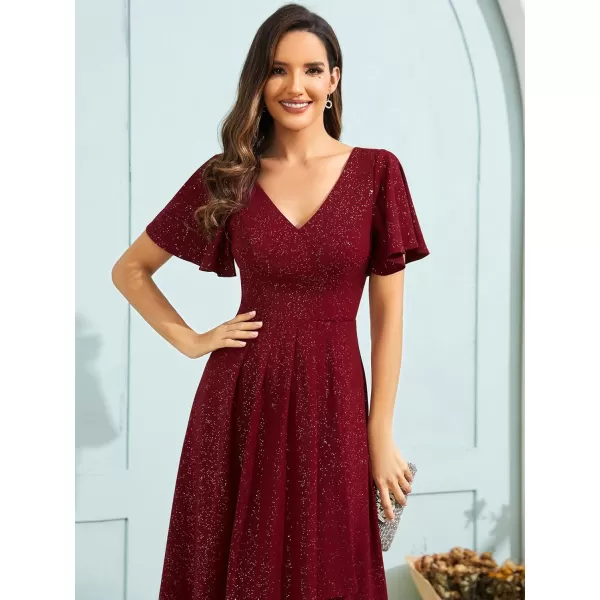 imageEverPretty Womens Wedding Guest Dress Double V Neck Ruffle Sleeves High Low Glitter Midi Semi Formal Dresses 71926Burgundy