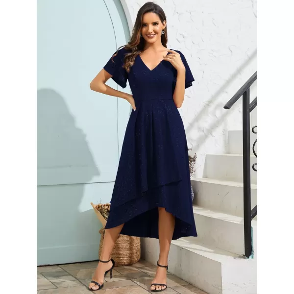 imageEverPretty Womens Wedding Guest Dress Double V Neck Ruffle Sleeves High Low Glitter Midi Semi Formal Dresses 71926Navy Blue