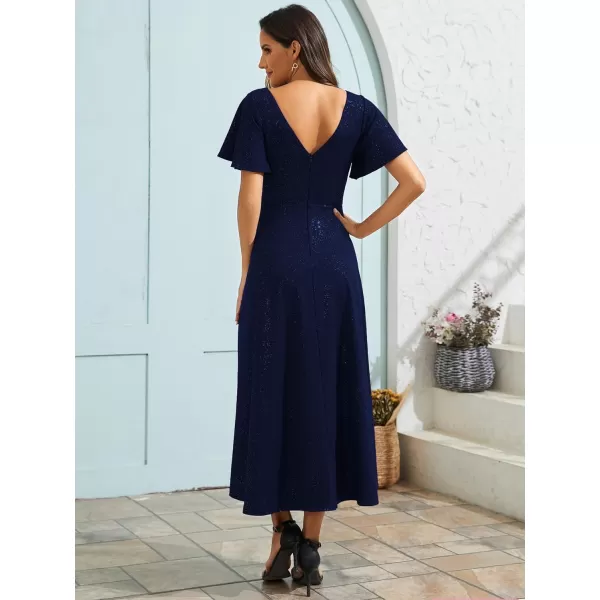 imageEverPretty Womens Wedding Guest Dress Double V Neck Ruffle Sleeves High Low Glitter Midi Semi Formal Dresses 71926Navy Blue