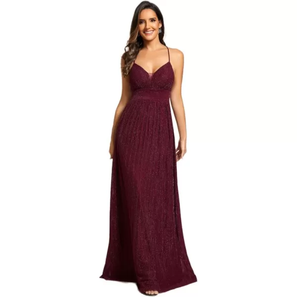 imageEverPretty Womens A Line V Neck Backless Glitter Pleated Sleeveless Maxi Evening Dresses 21961Burgundy