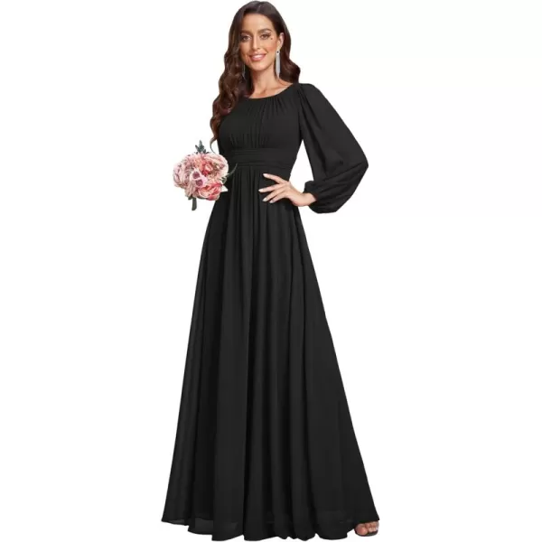 imageEverPretty Womens Crewneck Lantern Sleeves ALine Pleated Chiffon Maxi Formal Dress 0106BBlack