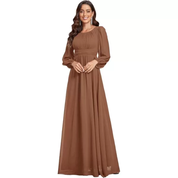 imageEverPretty Womens Crewneck Lantern Sleeves ALine Pleated Chiffon Maxi Formal Dress 0106BBrown