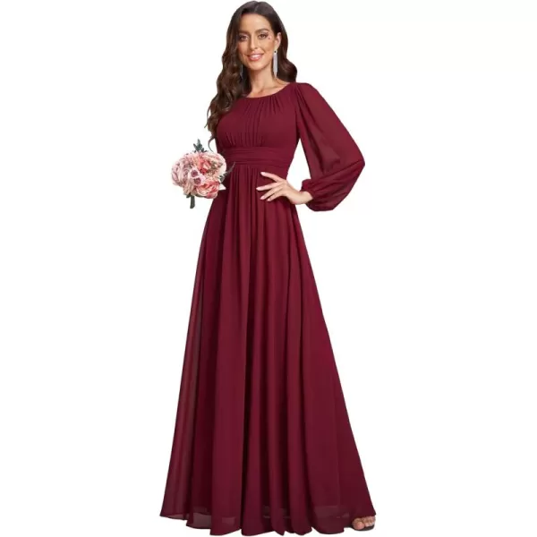 imageEverPretty Womens Crewneck Lantern Sleeves ALine Pleated Chiffon Maxi Formal Dress 0106BBurgundy