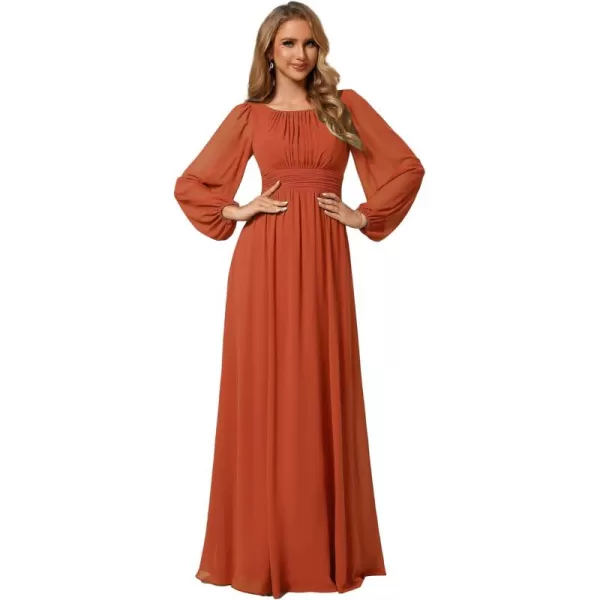 imageEverPretty Womens Crewneck Lantern Sleeves ALine Pleated Chiffon Maxi Formal Dress 0106BBurnt Orange