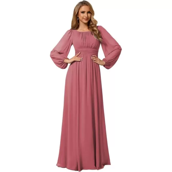 imageEverPretty Womens Crewneck Lantern Sleeves ALine Pleated Chiffon Maxi Formal Dress 0106BCameo Brown