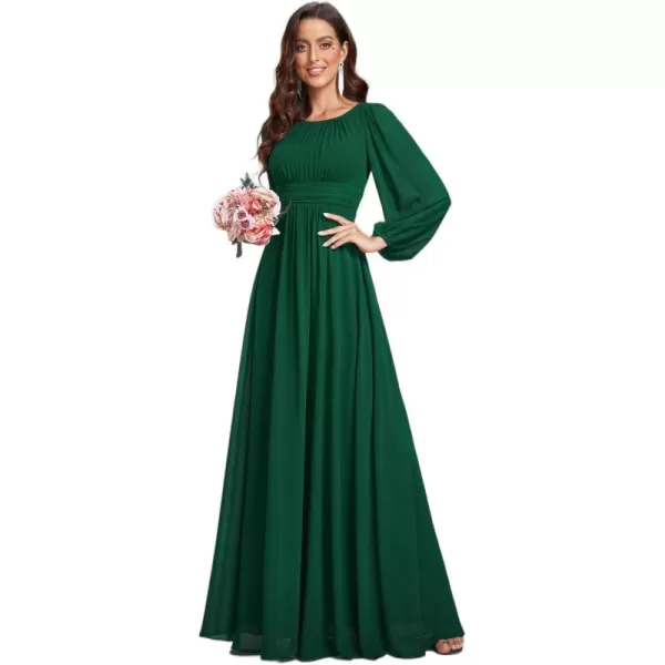 imageEverPretty Womens Crewneck Lantern Sleeves ALine Pleated Chiffon Maxi Formal Dress 0106BDark Green